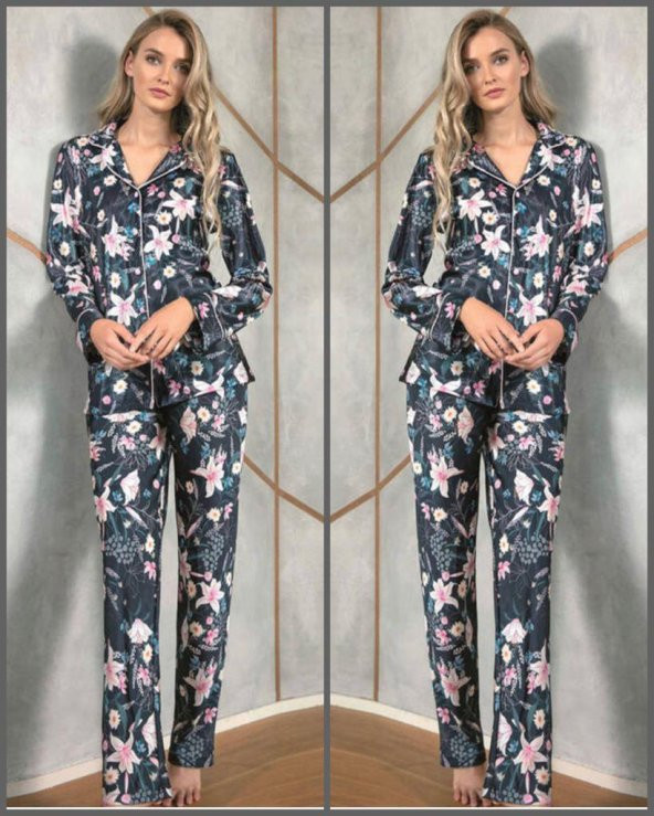 Anıl 9723 Floral Desenli Saten Önden Düğmeli Pijama Tk - 3