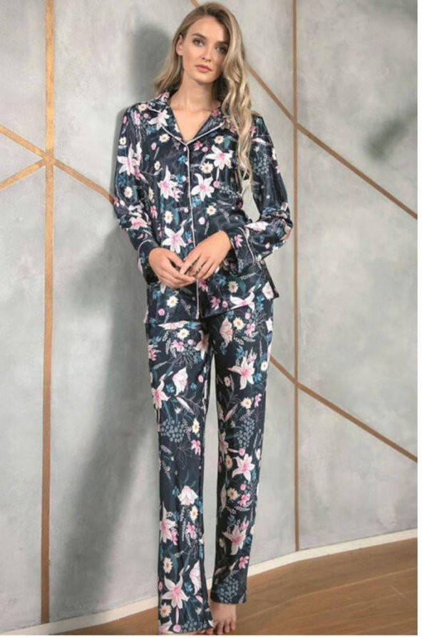 Anıl 9723 Floral Desenli Saten Önden Düğmeli Pijama Tk - 4