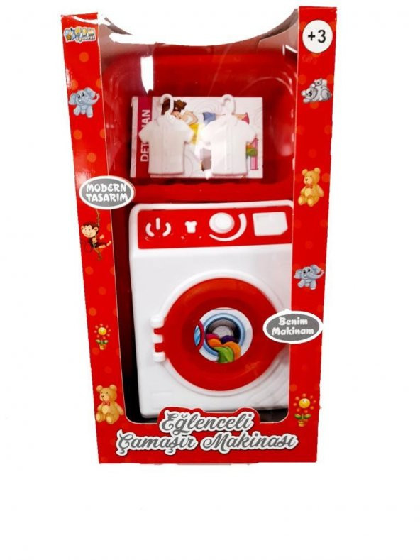 Can Oyuncak Kutulu Çamaşır Makinası Set Beyaz Renk - Kırmızı Sepetli - E-3002