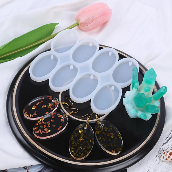 Epoksi Çoklu Silikon Kalıp Anahtarlık Oval Delikli Kolye Küpe Kalıbı 5X3 CM 8 Li - 4