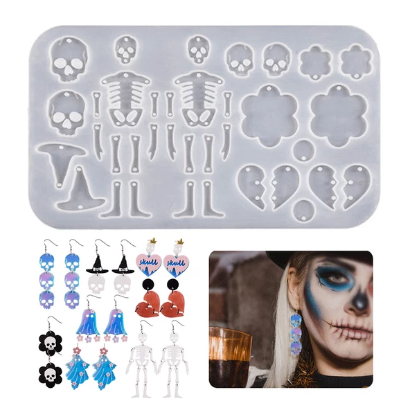 Epoksi Silikon Kalıp Cadılar Bayramı İskelet Kuru Kafa Modelleri Delikli Kolye Küpe Kalıbı