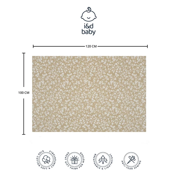 1 Adet Haki Çiçek Desen 100X120 cm %100 Pamuk Tek Katlı Müslin Kumaş Bebek Örtüsü. - 3
