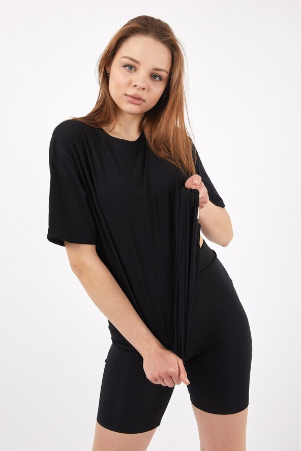 Twenty3 Kadın Sıfır Yaka Basic Düz Oversize T-Shirt - 8