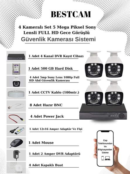 BESTCAM 4 Kameralı Set 5 Mega Piksel Sony Lensli FULL HD Gece Görüşlü Güvenlik Kamera Seti 500 GB Hard disk