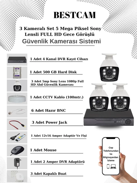 BESTCAM 3 Kameralı Set 5 Mega Piksel Sony Lensli FULL HD Gece Görüşlü Güvenlik Kamera Seti 500 GB Hard disk