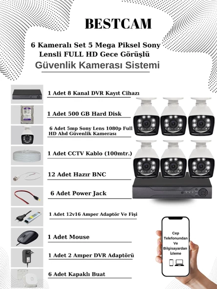 BESTCAM 6 Kameralı Set 5 Mega Piksel Sony Lensli FULL HD Gece Görüşlü Güvenlik Kamera Seti 500 GB Hard disk