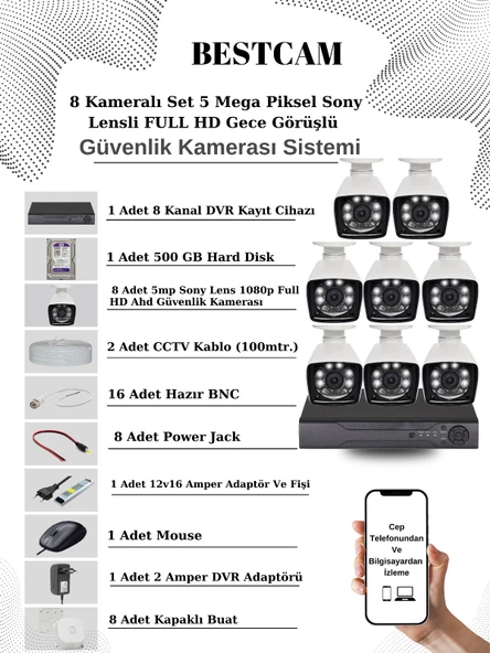 BESTCAM 8 Kameralı Set 5 Mega Piksel Sony Lensli FULL HD Gece Görüşlü Güvenlik Kamera Seti 500 GB Hard disk