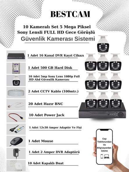 BESTCAM 10 Kameralı Set 5 Mega Piksel Sony Lensli FULL HD Gece Görüşlü Güvenlik Kamera Seti 500 GB Hard disk