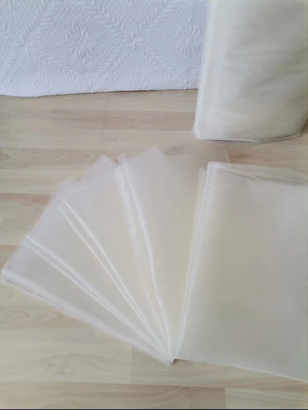 10 Adet Ekru 100X300 Kristal Tül Düğün Bohça Süsü Nikah Bohça Süsü Nişan Bohça Süsleme Tülü - Resim 2