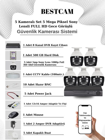 BESTCAM 5 Kameralı Set 5 Mega Piksel Sony Lensli FULL HD Gece Görüşlü Güvenlik Kamera Seti 500 GB Hard disk