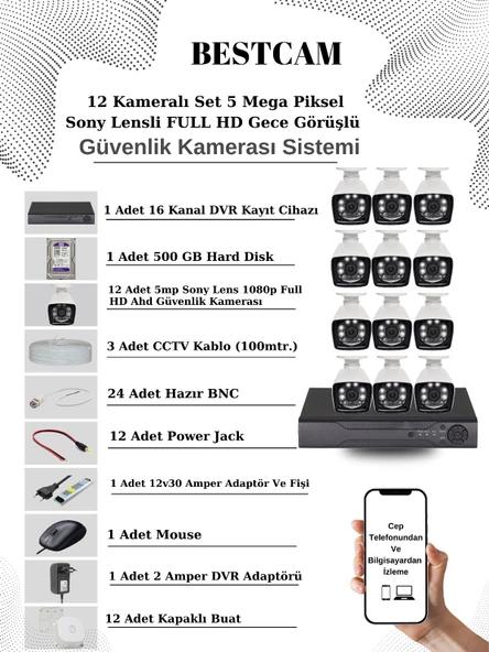 BESTCAM 12 Kameralı Set 5 Mega Piksel Sony Lensli FULL HD Gece Görüşlü Güvenlik Kamera Seti 500 GB Hard disk