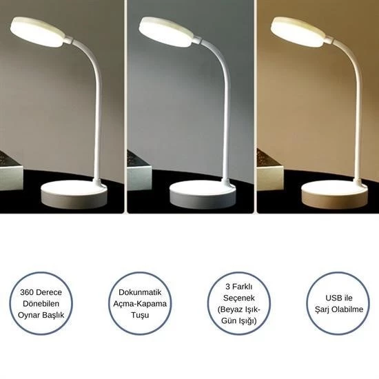 Woody Sofia Yuvarlak USBli Dokunmatik 3 Kademeli 360 Derece Özel Göz Korumalı Led Lityum Masa Lambası - 7