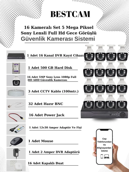 BESTCAM 16 Kameralı Set 5 Mega Piksel Sony Lensli FULL HD Gece Görüşlü Güvenlik Kamera Seti 500 GB Hard disk