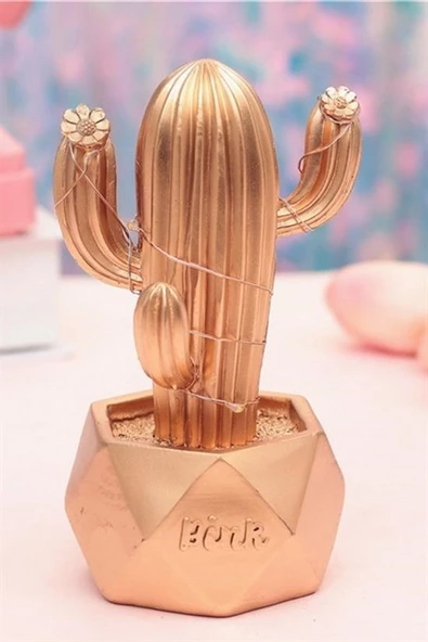 Woody Sofia Led Işıklı Sevimli Kaktüs Dekoratif Masa Lambası Mini Biblo Gece Lambası-GOLD - 7