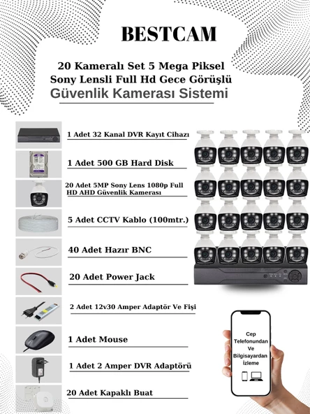 BESTCAM 20 Kameralı Set 5 Mega Piksel Sony Lensli FULL HD Gece Görüşlü Güvenlik Kamera Seti 500 GB Hard disk