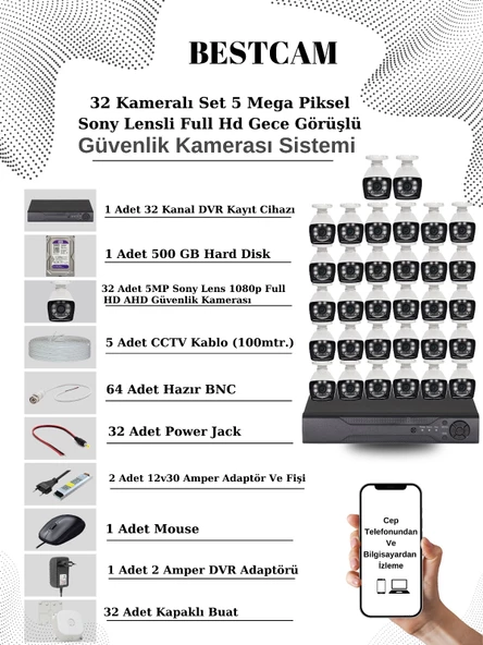 BESTCAM 32 Kameralı Set 5 Mega Piksel Sony Lensli FULL HD Gece Görüşlü Güvenlik Kamera Seti 500 GB Hard disk