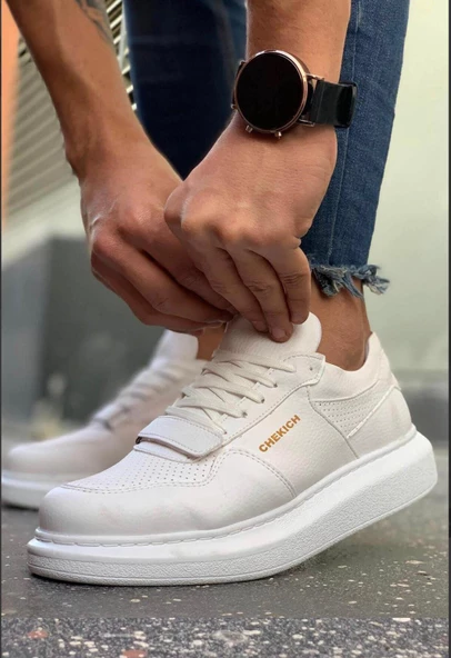Erkek Yüksek Taban Günlük Spor Cırt Bantlı Rahat Ayakkabı -Beyaz-Beyaz - 9