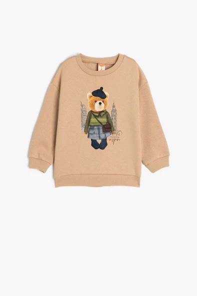 Koton Kız Bebek Sweatshirt Ayıcık Baskılı Uzun Kollu Bisiklet Yaka Pamuklu Şardonlu