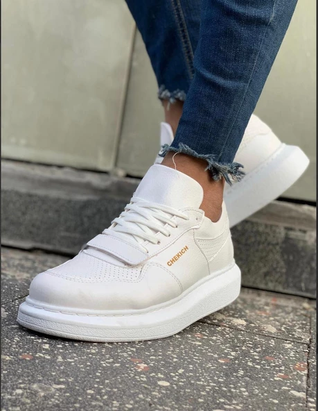 Erkek Yüksek Taban Günlük Spor Cırt Bantlı Rahat Ayakkabı -Beyaz-Beyaz - 5