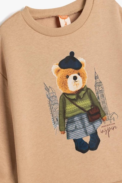 Koton Kız Bebek Sweatshirt Ayıcık Baskılı Uzun Kollu Bisiklet Yaka Pamuklu Şardonlu - 3