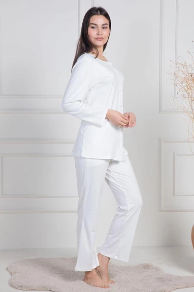 Mecit 6105 Bayan Ekru Büyük Beden Boydan Düğmeli Pijama Takımı - Resim 2