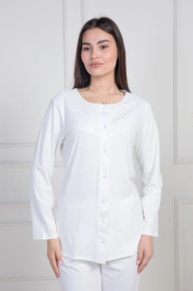 Mecit 6105 Bayan Ekru Büyük Beden Boydan Düğmeli Pijama Takımı - Resim 4