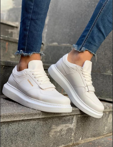 Erkek Yüksek Taban Günlük Spor Cırt Bantlı Rahat Ayakkabı -Beyaz-Beyaz - 8