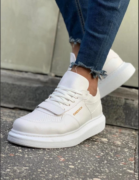 Erkek Yüksek Taban Günlük Spor Cırt Bantlı Rahat Ayakkabı -Beyaz-Beyaz - 7