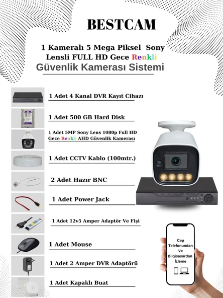 BESTCAM 1 Kameralı Set 5 Mega Piksel Sony Lensli FULL HD Gece Görüşü Renkli Güvenlik Kamera Seti 500 GB HDD