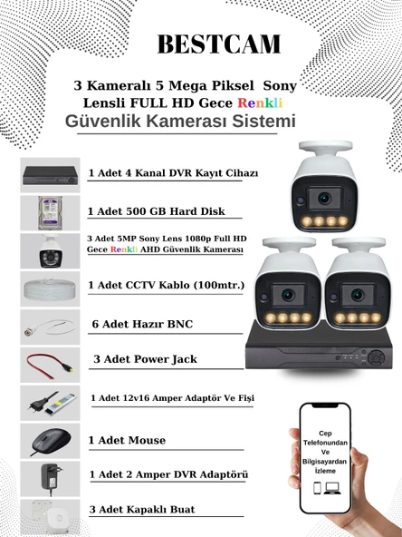 BESTCAM 3 Kameralı Set 5 Mega Piksel Sony Lensli FULL HD Gece Görüşü Renkli Güvenlik Kamera Seti 500 GB HDD