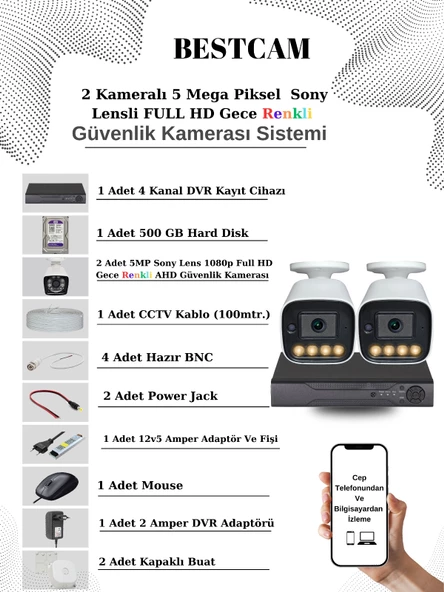 BESTCAM 2 Kameralı Set 5 Mega Piksel Sony Lensli FULL HD Gece Görüşü Renkli Güvenlik Kamera Seti 500 GB HDD