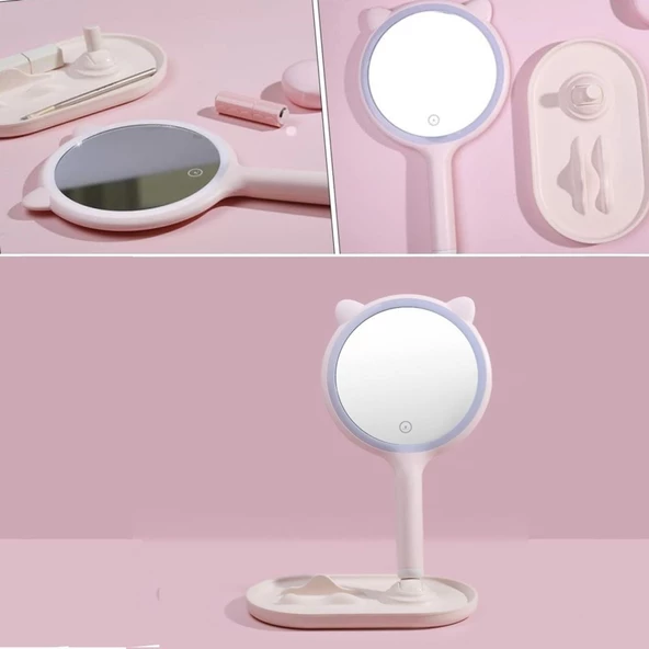 Woody Sofia Kedi Kulaklı Telefon Standlı Yuvarlak Dokunmatik Led Ayarlı Masa Üstü Makyaj Aynası - 5