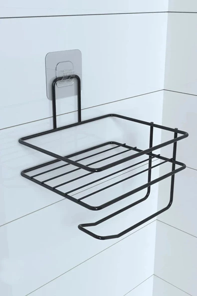 Woody Sofia Kendiliğinden Yapışkanlı Tuvalet Kağıdı Tutacağı ve Yedek Raf - Siyah Modern Metal Tasarım - 7