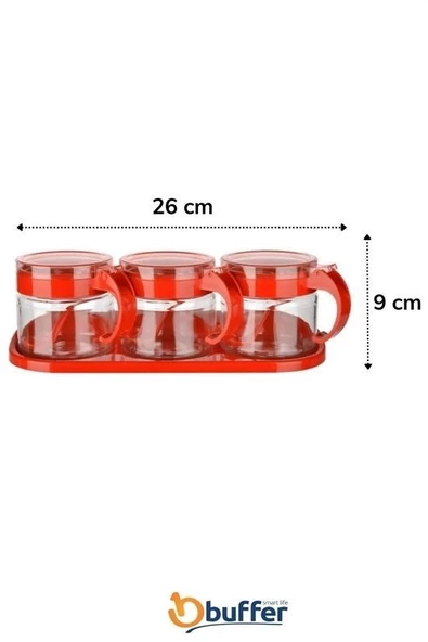 Woody Sofia Kırmızı 3lü Standlı Kapaklı Kaşıklı Cam Hava Sızdırmaz Baharatlık Takımı KC-386 - 8