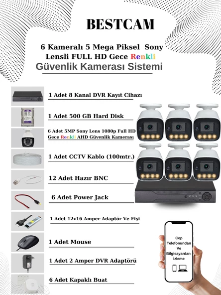 BESTCAM 6 Kameralı Set 5 Mega Piksel Sony Lensli FULL HD Gece Görüşü Renkli Güvenlik Kamera Seti 500 GB HDD