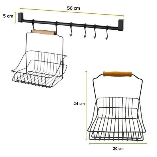 Woody Sofia Retro Ferforje Askılı Siyah  Ahşap Kulplu Düzenleyici Mutfak Sepeti - 6