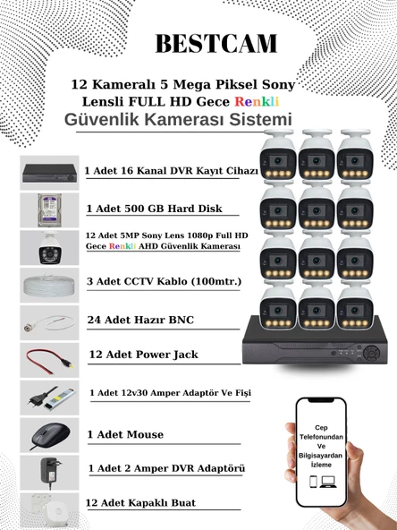 BESTCAM 12 Kameralı Set 5 Mega Piksel Sony Lensli FULL HD Gece Görüşü Renkli Güvenlik Kamera Seti 500 GB HDD