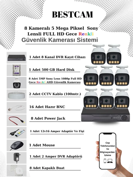 BESTCAM 8 Kameralı Set 5 Mega Piksel Sony Lensli FULL HD Gece Görüşü Renkli Güvenlik Kamera Seti 500 GB HDD