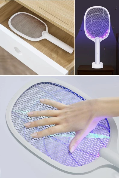 Woody Sofia Şarjlı Sinek Öldürücü Masaüstü Standlı,Mor Işık Sinek Kovucu Raket 5w - 8