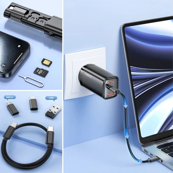 Woody Sofia Cep Tipi 60W Bas Aç Type-C,İphone Şarj,Micro USB Hızlı Şarj Data Kablo Seti - 4