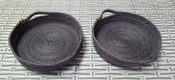 Hasır 2 ADET ÖRME TEPSİ SEPET 42CM (Tutma Sapı Dahil) SİYAH Dekoratif Düzenleyici - 2