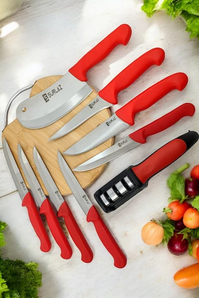 SürLaz Çeyizlik Bıçak Seti 9 Parça Mutfak Bıçak Seti Red Serisi - Resim 2