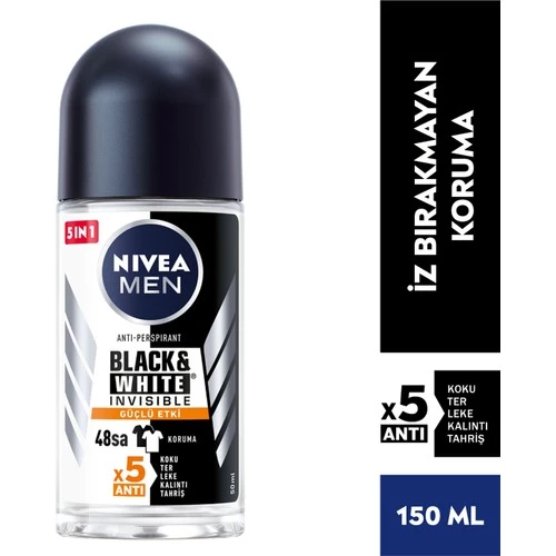 Nıvea Men Erkek Roll On Deodorant Black&White Invisible Güçlü Etki 50Ml; Ter Ve Ter Kokusuna Karşı 48 Saat Anti-Perspirant ; İz Bırakmayan Formül