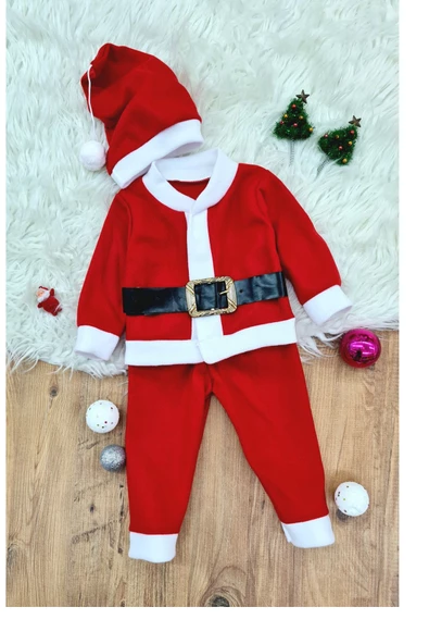 BUBY Erkek Çocuk Noel Baba Yılbaşı Kostümü Şapkalı Kemerli Bebek Kostümü