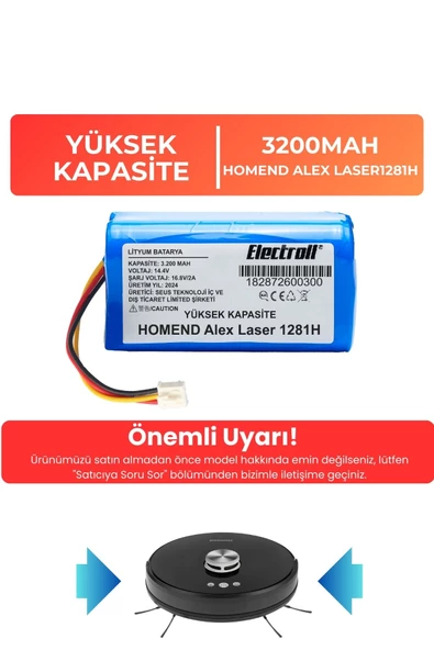 HOMEND Alex Laser 1281H Robot Süpürge Bataryası (Yüksek Kapasite) 2800mAh Robot Süpürge Pil