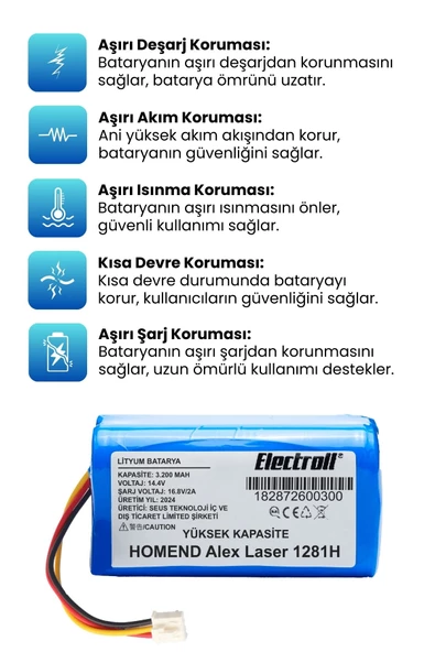 HOMEND Alex Laser 1281H Robot Süpürge Bataryası (Yüksek Kapasite) 2800mAh Robot Süpürge Pil - 3