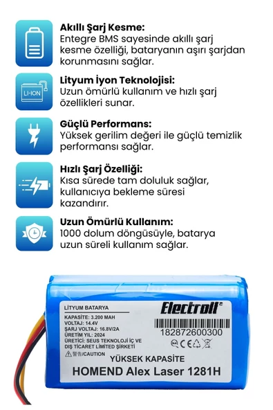HOMEND Alex Laser 1281H Robot Süpürge Bataryası (Yüksek Kapasite) 2800mAh Robot Süpürge Pil - 2