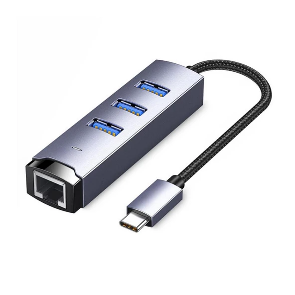 Polham Jazos 4in1 Type C to 1x 5Gbps RJ45 ve 3x USB Çoğaltıcı Okuyucu Adaptör, Klavye, Mouse Okuyucu