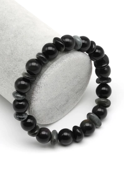 Obsidyen-Kedi Gözü Doğal Taş Tasarım Bileklik 10 mm Fasetli Küre Kesim