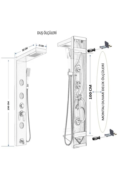 Sam Banyo Fırat Gri Bej Masajlı Duş, Dikey Duş Paneli, Shower Panel, Duş Fiskiyesi - 5